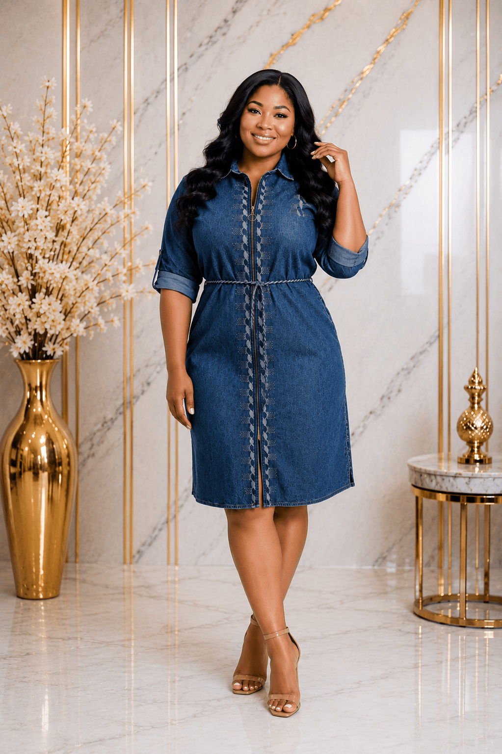 Women's Denim Zip Front Shirt Midi Dress with Waist Tie – Casual Roll-Tab Sleeve Collared Dress - Midi Dresses - Cherubim Aura