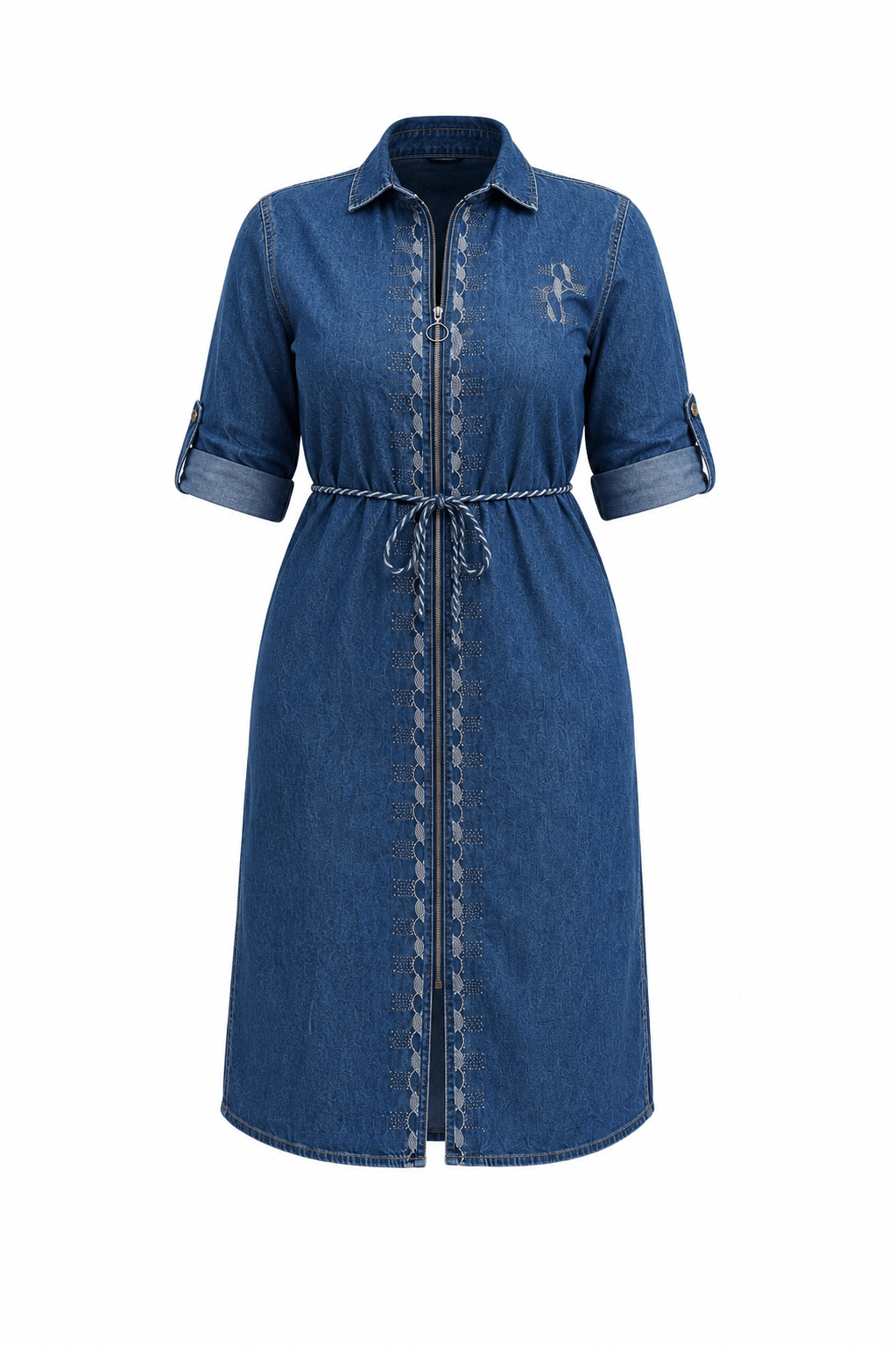 Women's Denim Zip Front Shirt Midi Dress with Waist Tie – Casual Roll-Tab Sleeve Collared Dress - Midi Dresses - Cherubim Aura