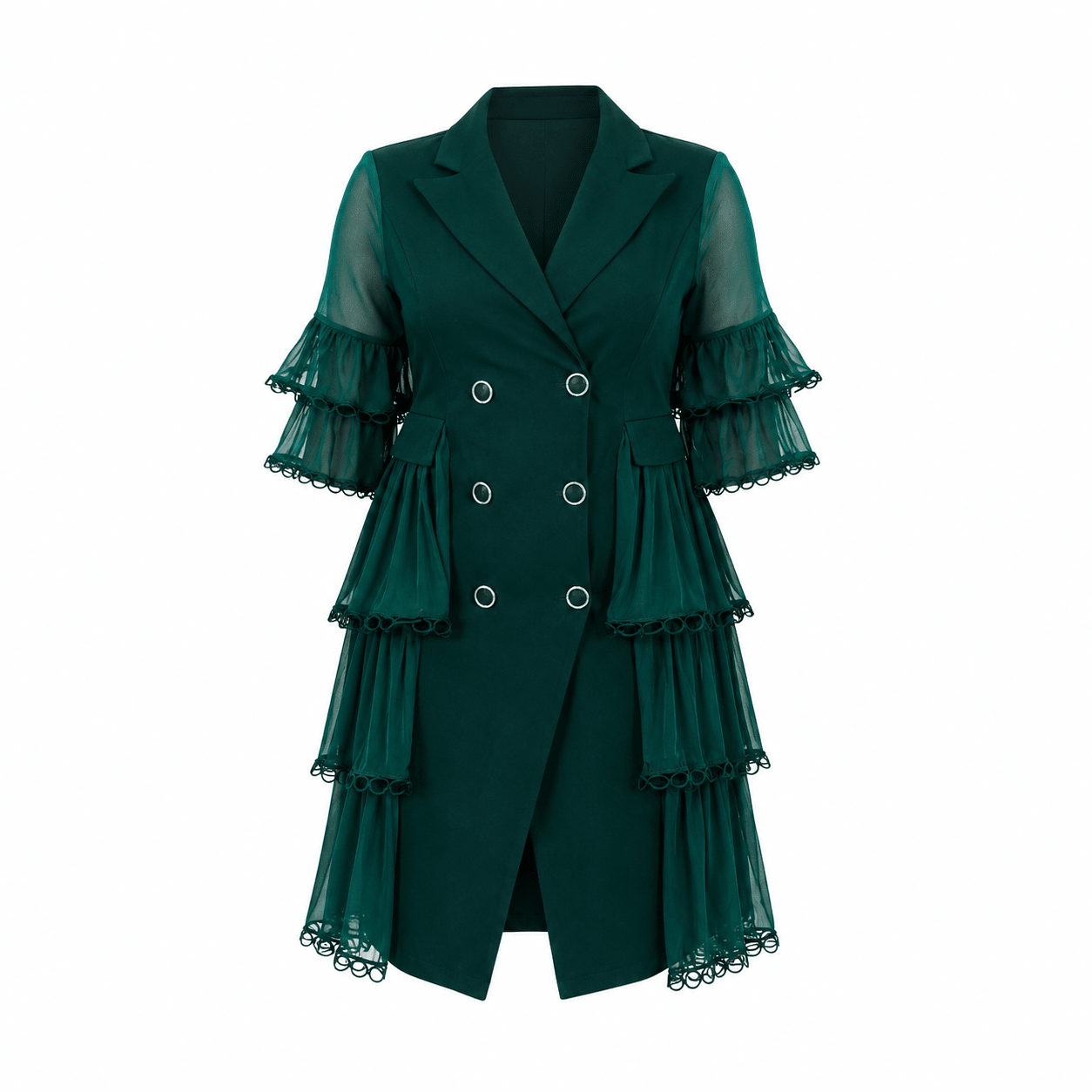 Women’s Double-Breasted Ruffle Blazer Midi Dress – Elegant Sheer Tiered Sleeve Casual Work Dress - Midi Dresses - Cherubim Aura