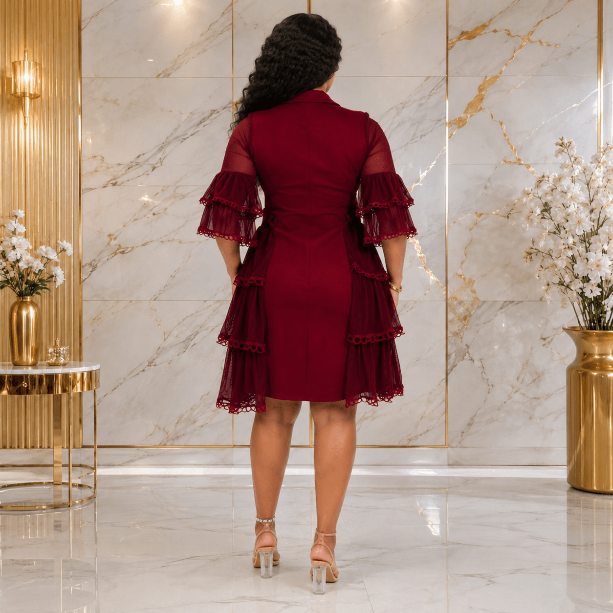 Women’s Double-Breasted Ruffle Blazer Midi Dress – Elegant Sheer Tiered Sleeve Casual Work Dress - Midi Dresses - Cherubim Aura