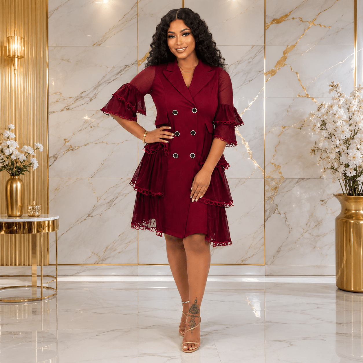 Women’s Double-Breasted Ruffle Blazer Midi Dress – Elegant Sheer Tiered Sleeve Casual Work Dress - Midi Dresses - Cherubim Aura