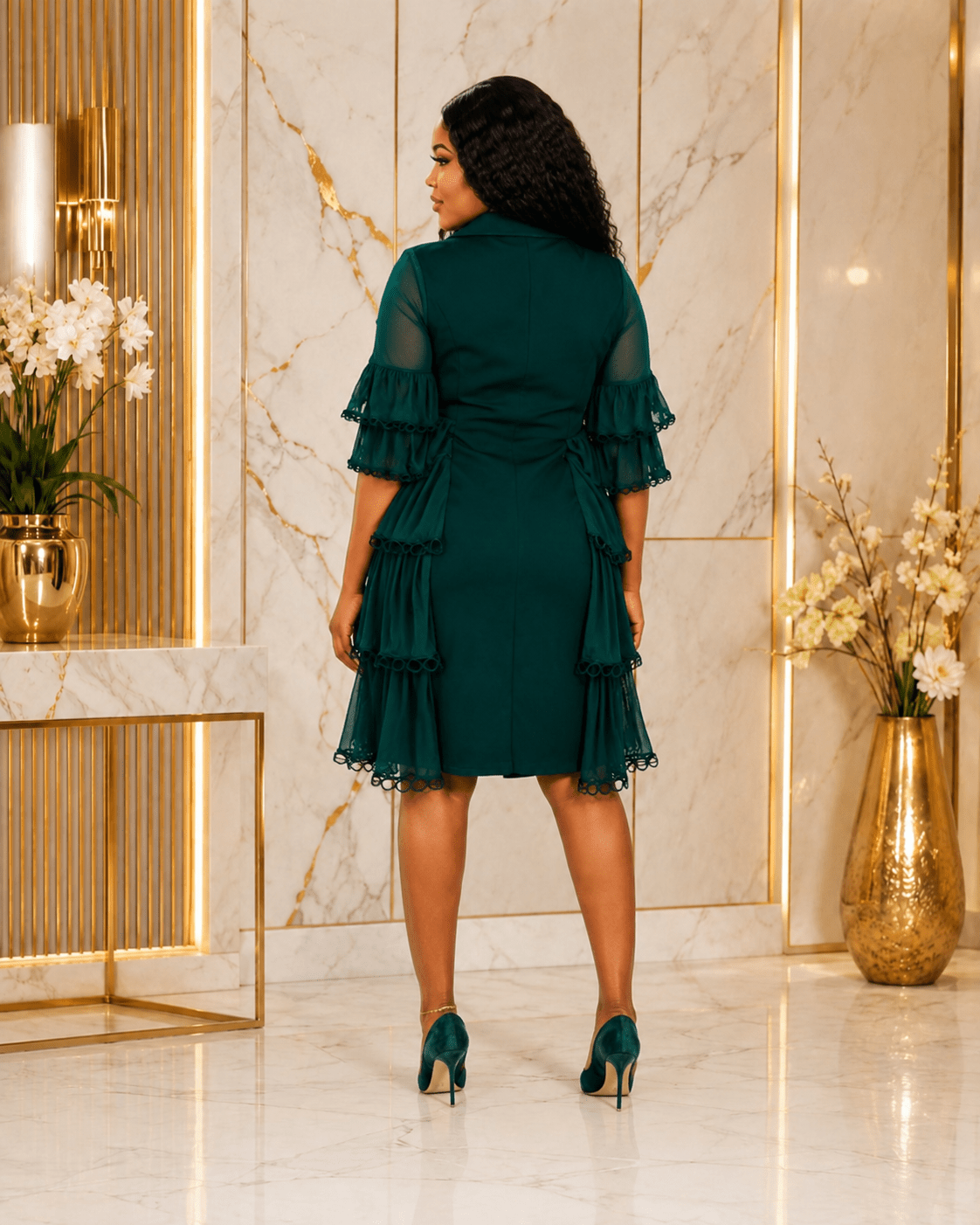 Women’s Double-Breasted Ruffle Blazer Midi Dress – Elegant Sheer Tiered Sleeve Casual Work Dress - Midi Dresses - Cherubim Aura