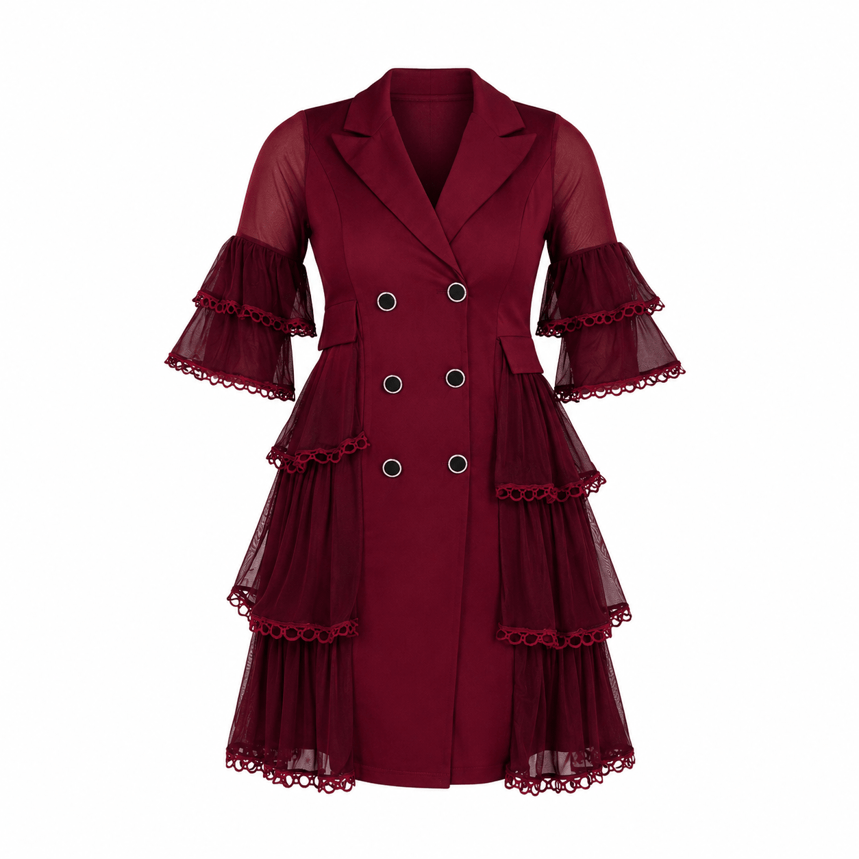 Women’s Double-Breasted Ruffle Blazer Midi Dress – Elegant Sheer Tiered Sleeve Casual Work Dress - Midi Dresses - Cherubim Aura
