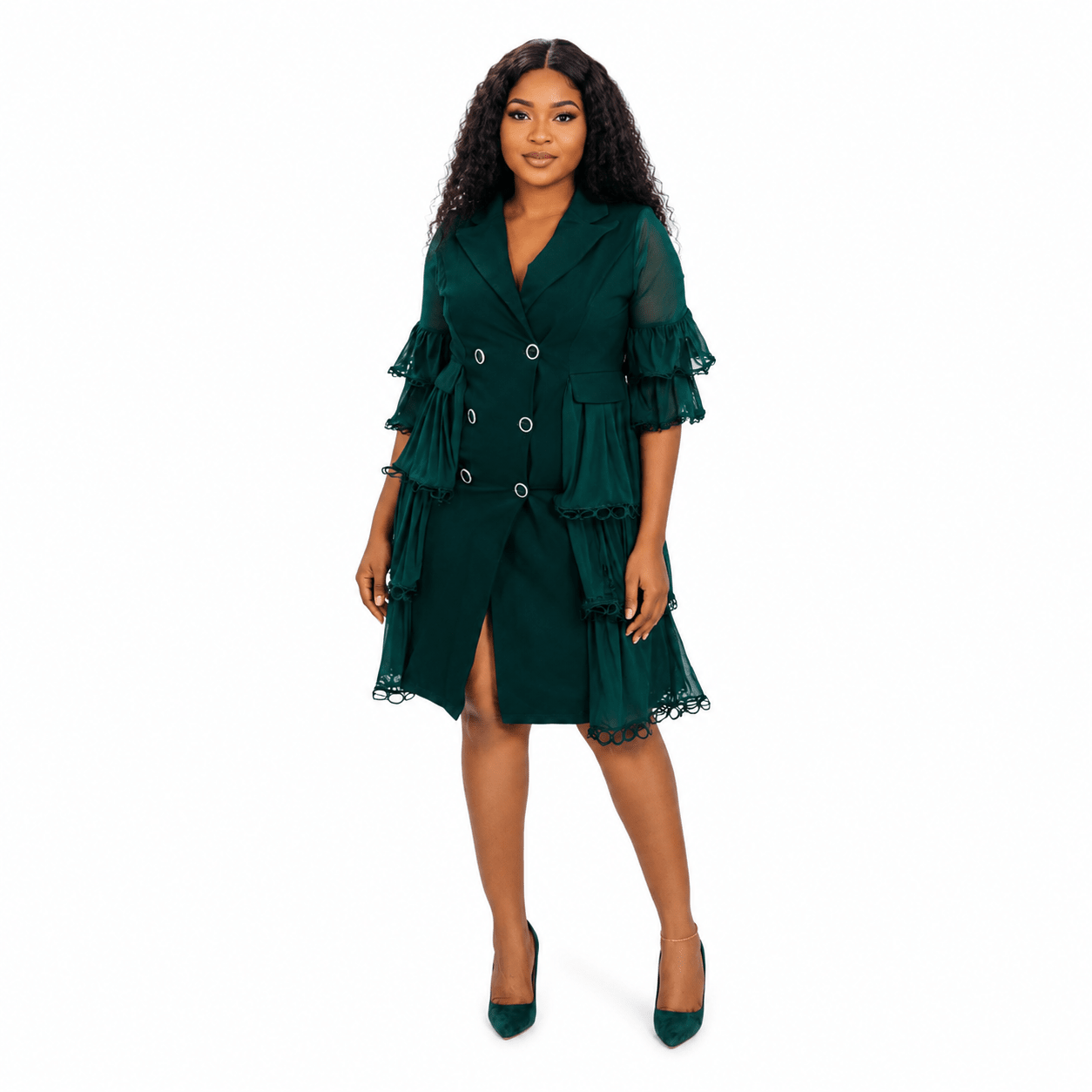 Women’s Double-Breasted Ruffle Blazer Midi Dress – Elegant Sheer Tiered Sleeve Casual Work Dress - Midi Dresses - Cherubim Aura
