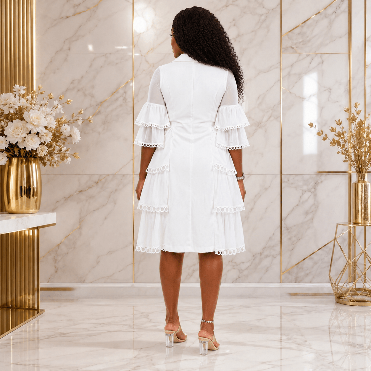 Women’s Double-Breasted Ruffle Blazer Midi Dress – Elegant Sheer Tiered Sleeve Casual Work Dress - Midi Dresses - Cherubim Aura