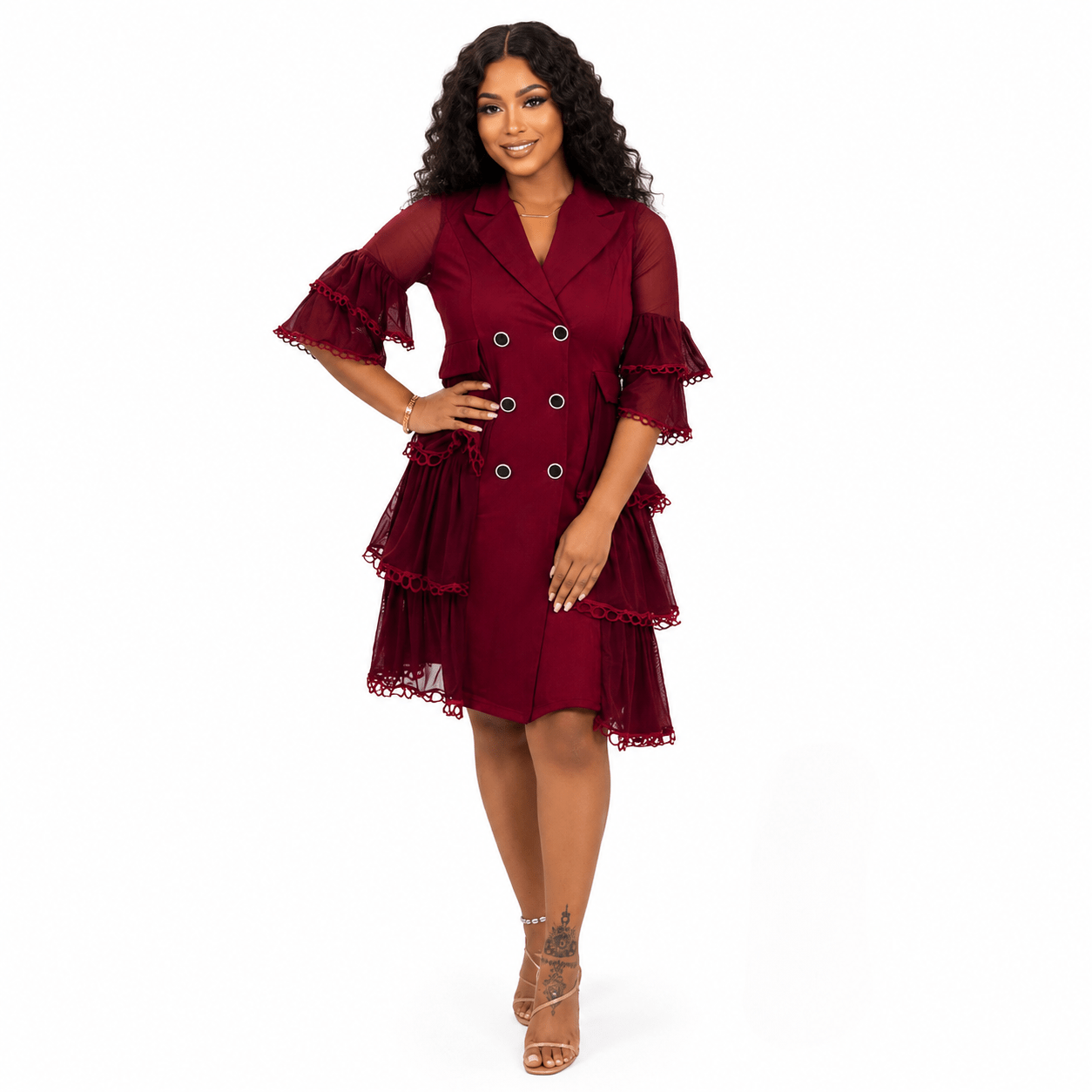Women’s Double-Breasted Ruffle Blazer Midi Dress – Elegant Sheer Tiered Sleeve Casual Work Dress - Midi Dresses - Cherubim Aura
