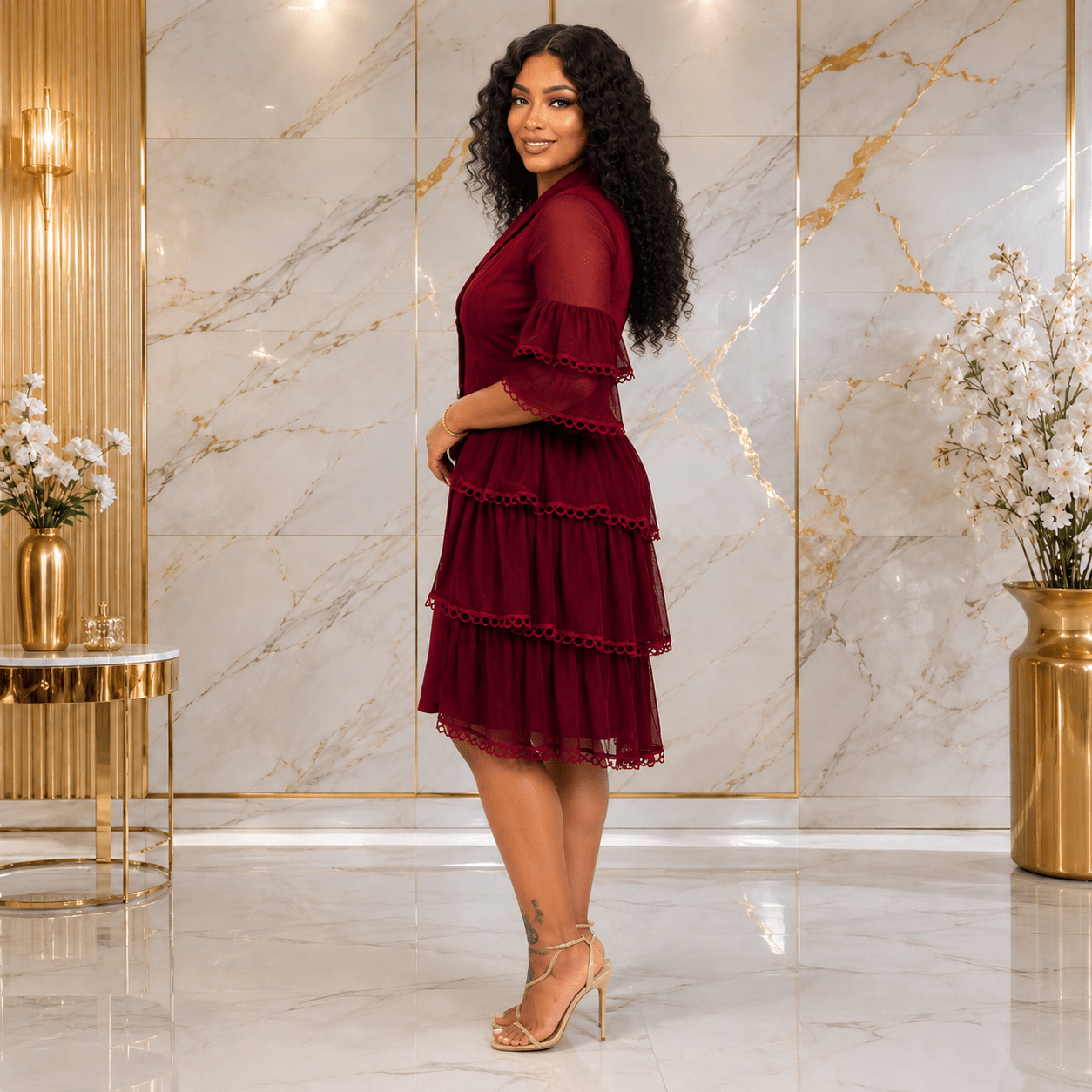 Women’s Double-Breasted Ruffle Blazer Midi Dress – Elegant Sheer Tiered Sleeve Casual Work Dress - Midi Dresses - Cherubim Aura