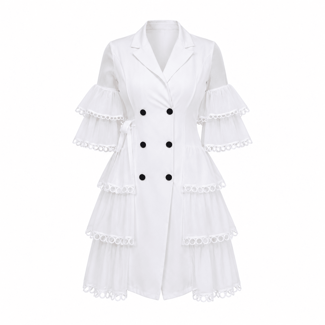 Women’s Double-Breasted Ruffle Blazer Midi Dress – Elegant Sheer Tiered Sleeve Casual Work Dress - Midi Dresses - Cherubim Aura
