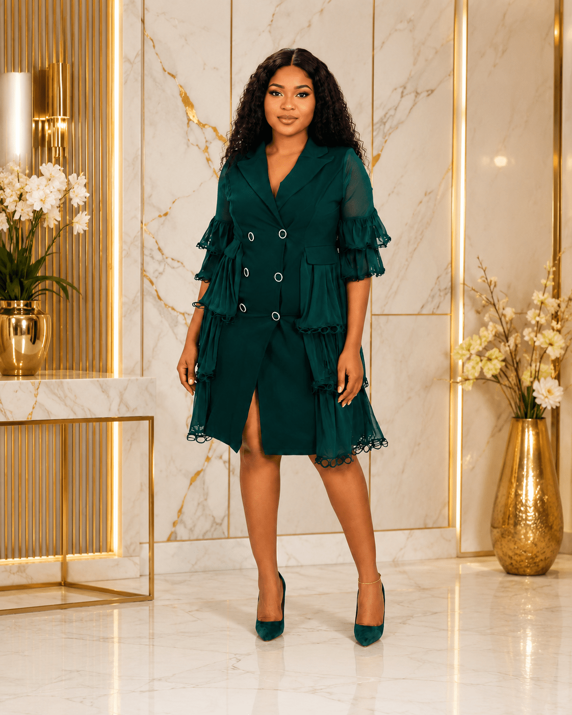 Women’s Double-Breasted Ruffle Blazer Midi Dress – Elegant Sheer Tiered Sleeve Casual Work Dress - Midi Dresses - Cherubim Aura