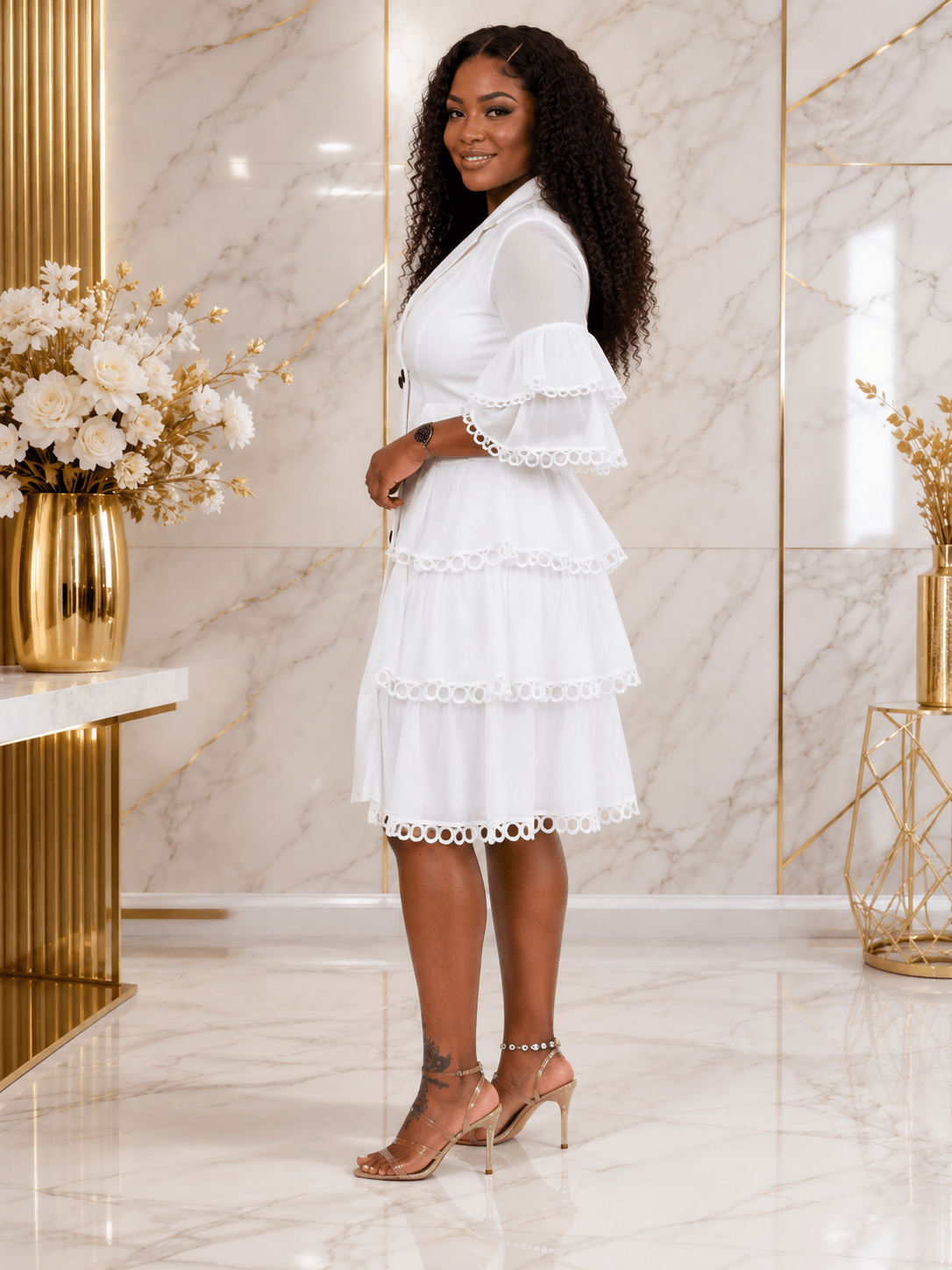Women’s Double-Breasted Ruffle Blazer Midi Dress – Elegant Sheer Tiered Sleeve Casual Work Dress - Midi Dresses - Cherubim Aura
