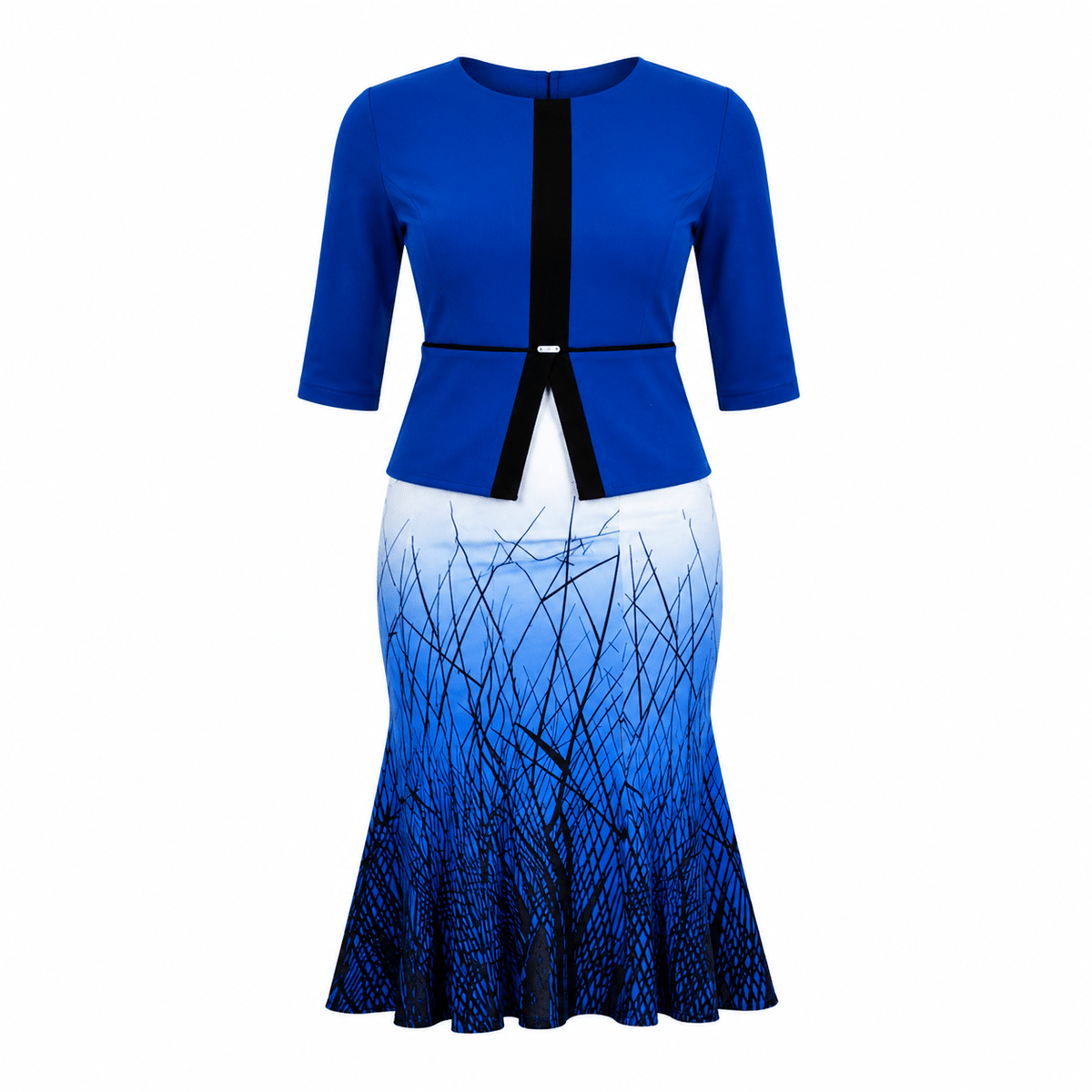 Women's Elegant Peplum Midi Dress with Gradient Print Skirt | Smart Office, Church & Occasion Wear - Midi Dresses - Cherubim Aura