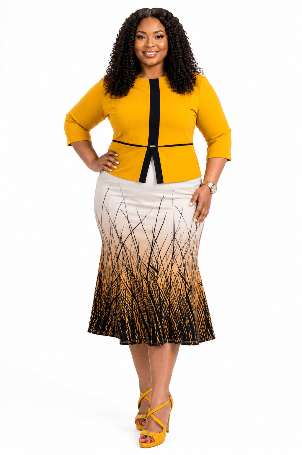 Women's Elegant Peplum Midi Dress with Gradient Print Skirt | Smart Office, Church & Occasion Wear - Midi Dresses - Cherubim Aura