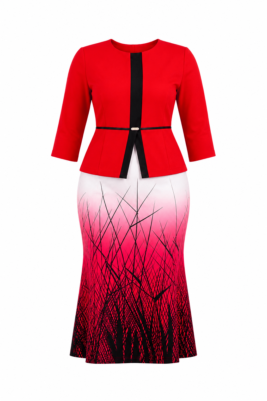 Women's Elegant Peplum Midi Dress with Gradient Print Skirt | Smart Office, Church & Occasion Wear - Midi Dresses - Cherubim Aura