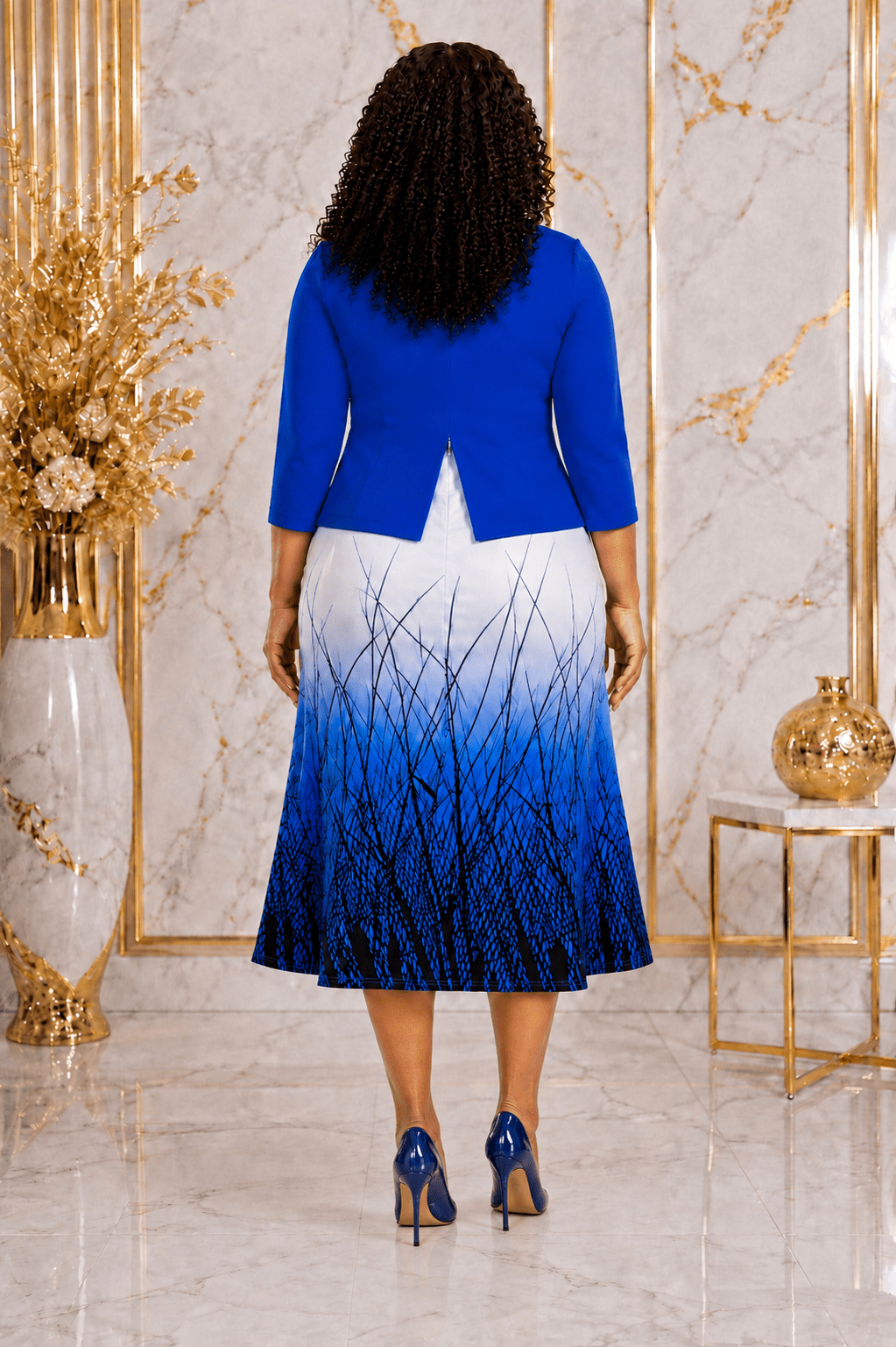 Women's Elegant Peplum Midi Dress with Gradient Print Skirt | Smart Office, Church & Occasion Wear - Midi Dresses - Cherubim Aura