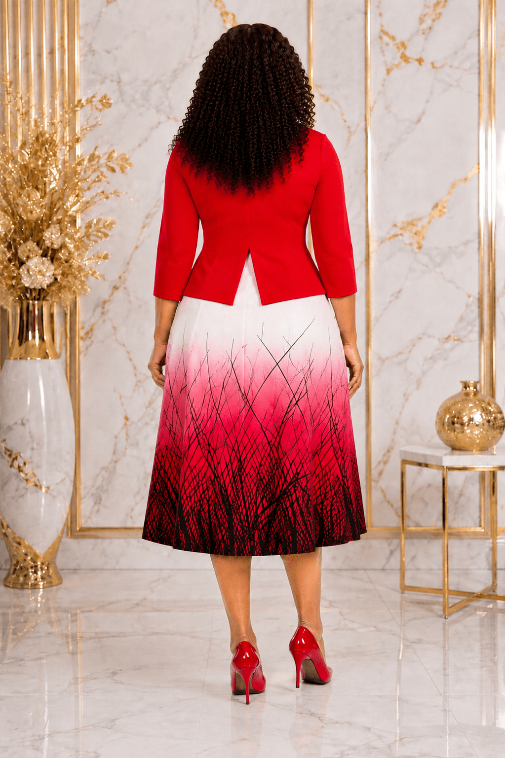 Women's Elegant Peplum Midi Dress with Gradient Print Skirt | Smart Office, Church & Occasion Wear - Midi Dresses - Cherubim Aura