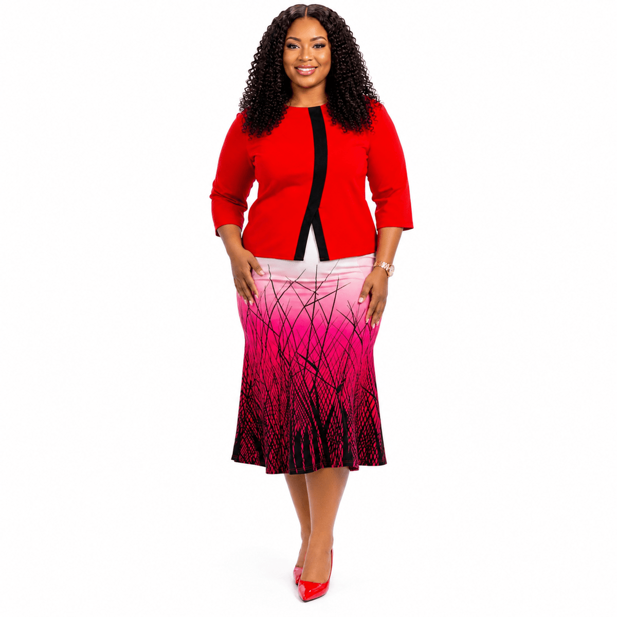 Women's Elegant Peplum Midi Dress with Gradient Print Skirt | Smart Office, Church & Occasion Wear - Midi Dresses - Cherubim Aura