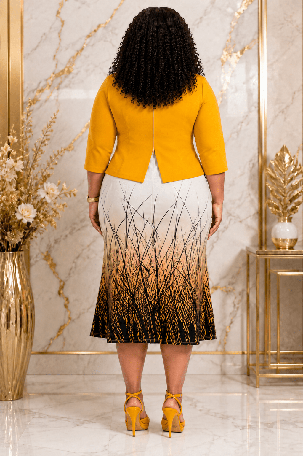 Women's Elegant Peplum Midi Dress with Gradient Print Skirt | Smart Office, Church & Occasion Wear - Midi Dresses - Cherubim Aura