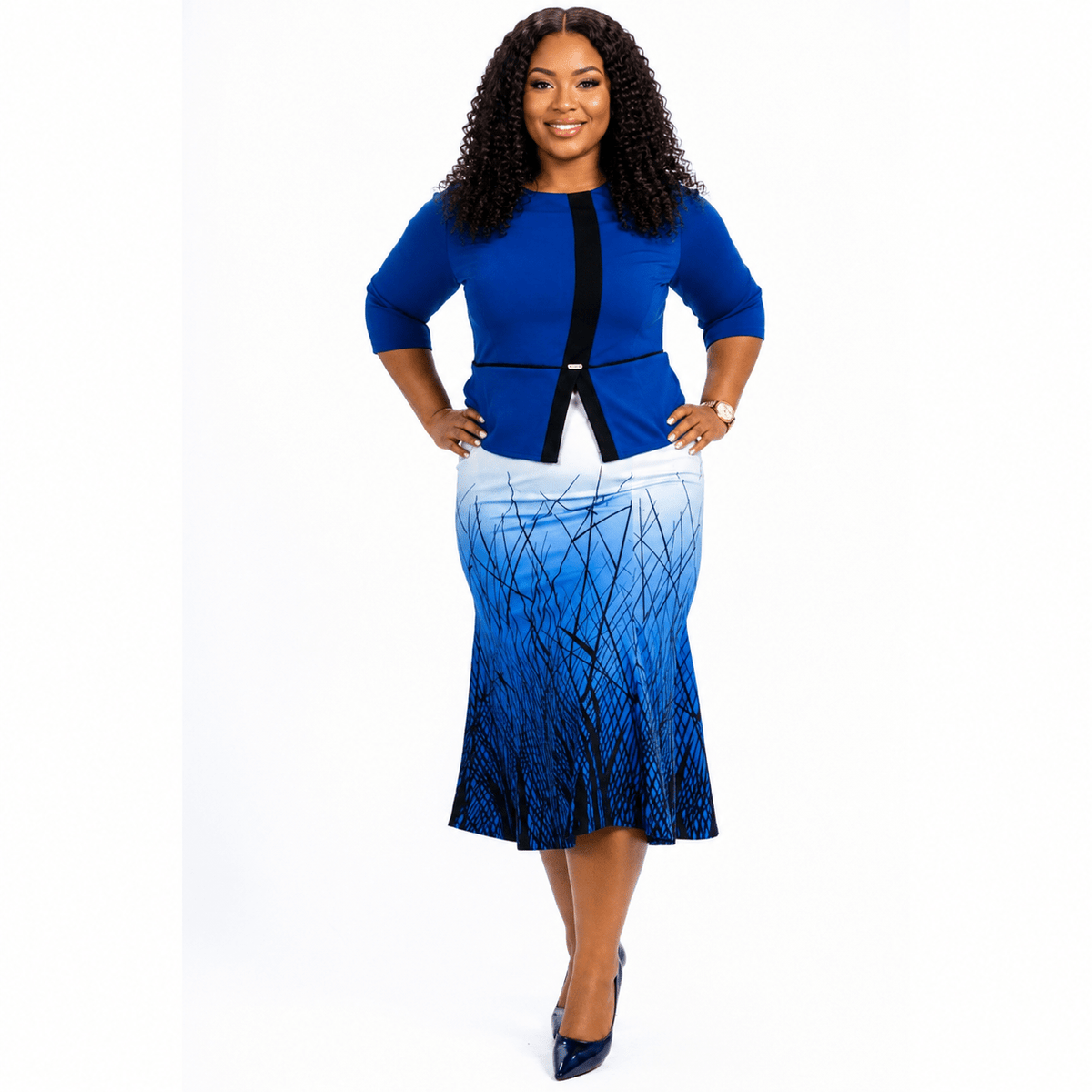 Women's Elegant Peplum Midi Dress with Gradient Print Skirt | Smart Office, Church & Occasion Wear - Midi Dresses - Cherubim Aura