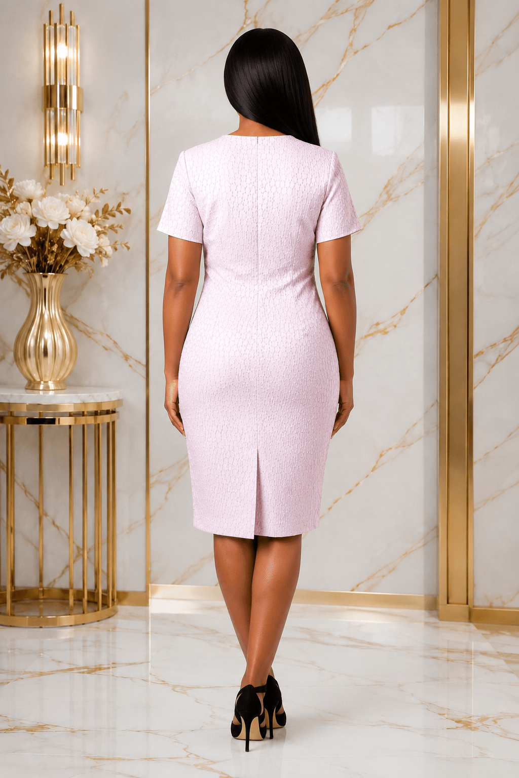 Women's Elegant Pink Jacquard Sheath Midi Dress – Classic Short Sleeve Office & Church Dress - Midi Dresses - Cherubim Aura
