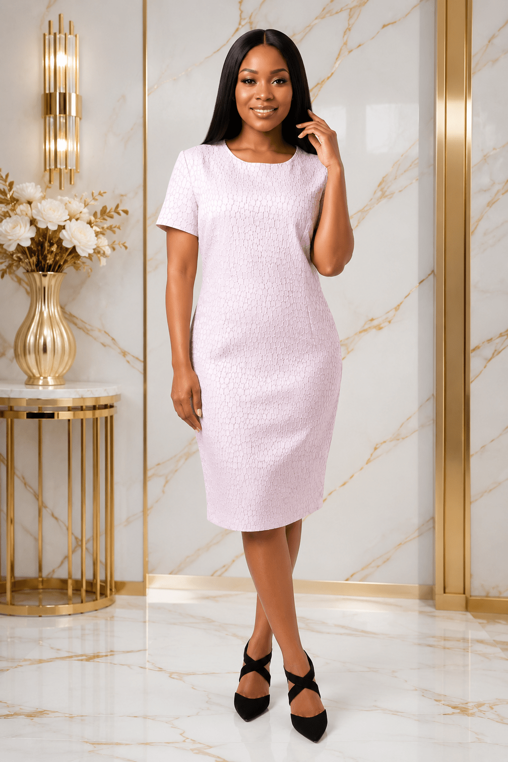 Women's Elegant Pink Jacquard Sheath Midi Dress – Classic Short Sleeve Office & Church Dress - Midi Dresses - Cherubim Aura