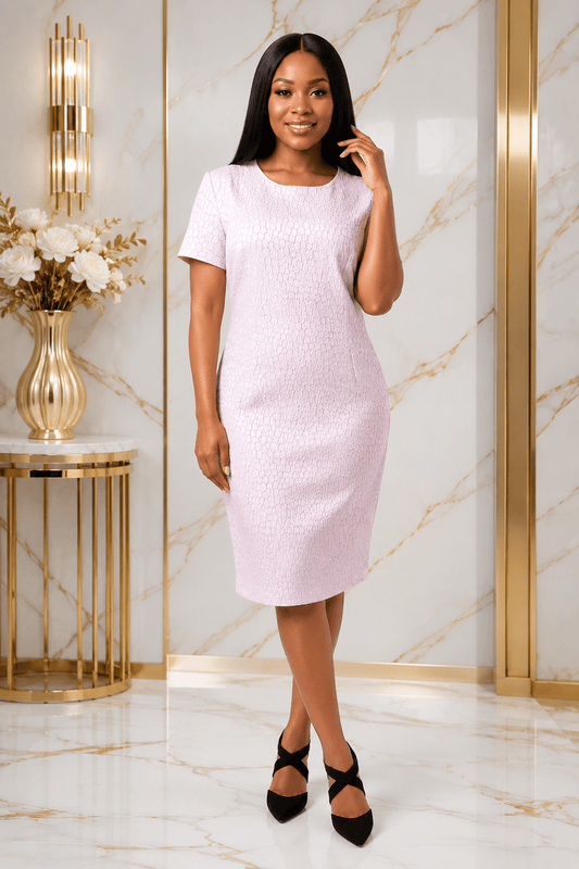 Women's Elegant Pink Jacquard Sheath Midi Dress – Classic Short Sleeve Office & Church Dress - Midi Dresses - Cherubim Aura