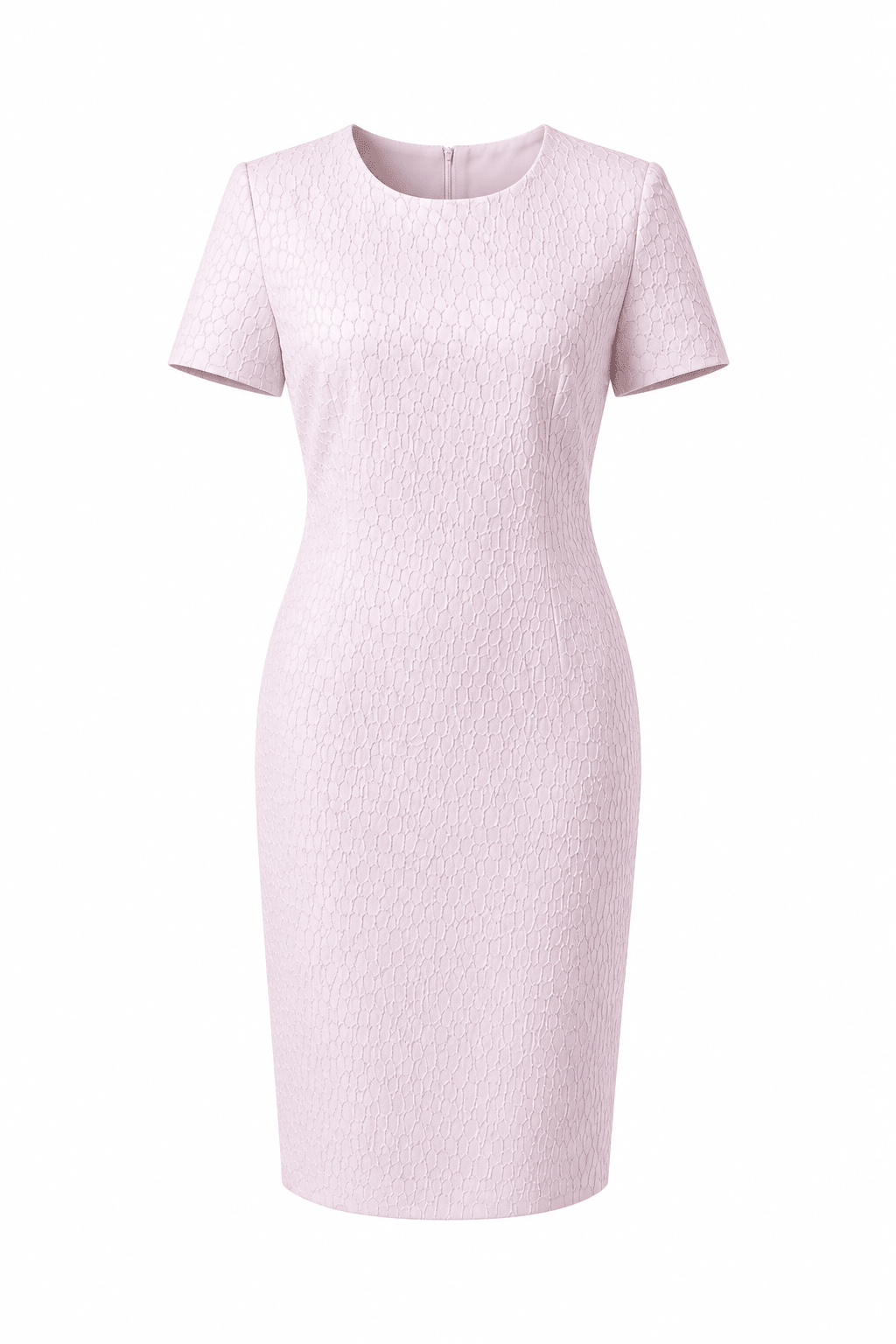 Women's Elegant Pink Jacquard Sheath Midi Dress – Classic Short Sleeve Office & Church Dress - Midi Dresses - Cherubim Aura