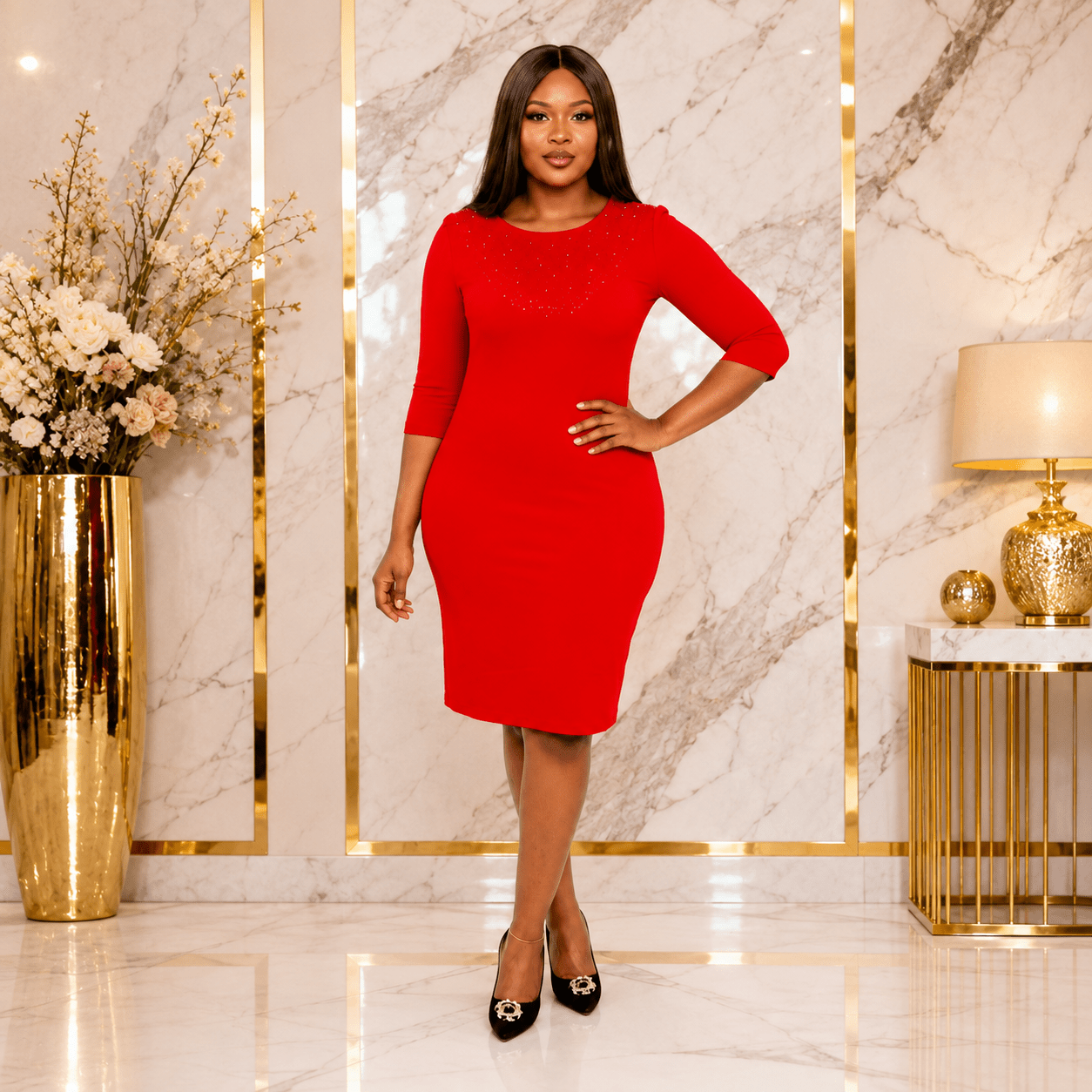 Women's Elegant Rhinestone Bodycon Midi Dress – 3/4 Sleeve Pencil Dress - Mini Dress - Cherubim Aura