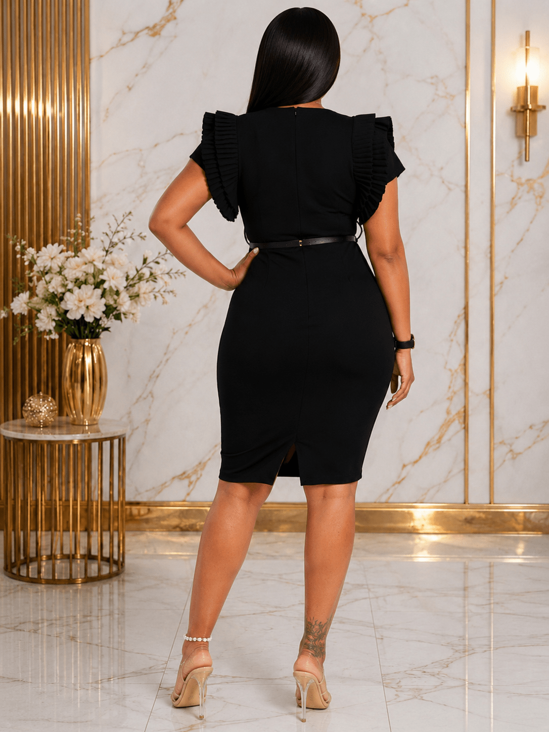 Women's Elegant Ruffle Sleeve Sheath Dress with Belt – Short Sleeve Office Bodycon Midi Dress - Mini Dress - Cherubim Aura