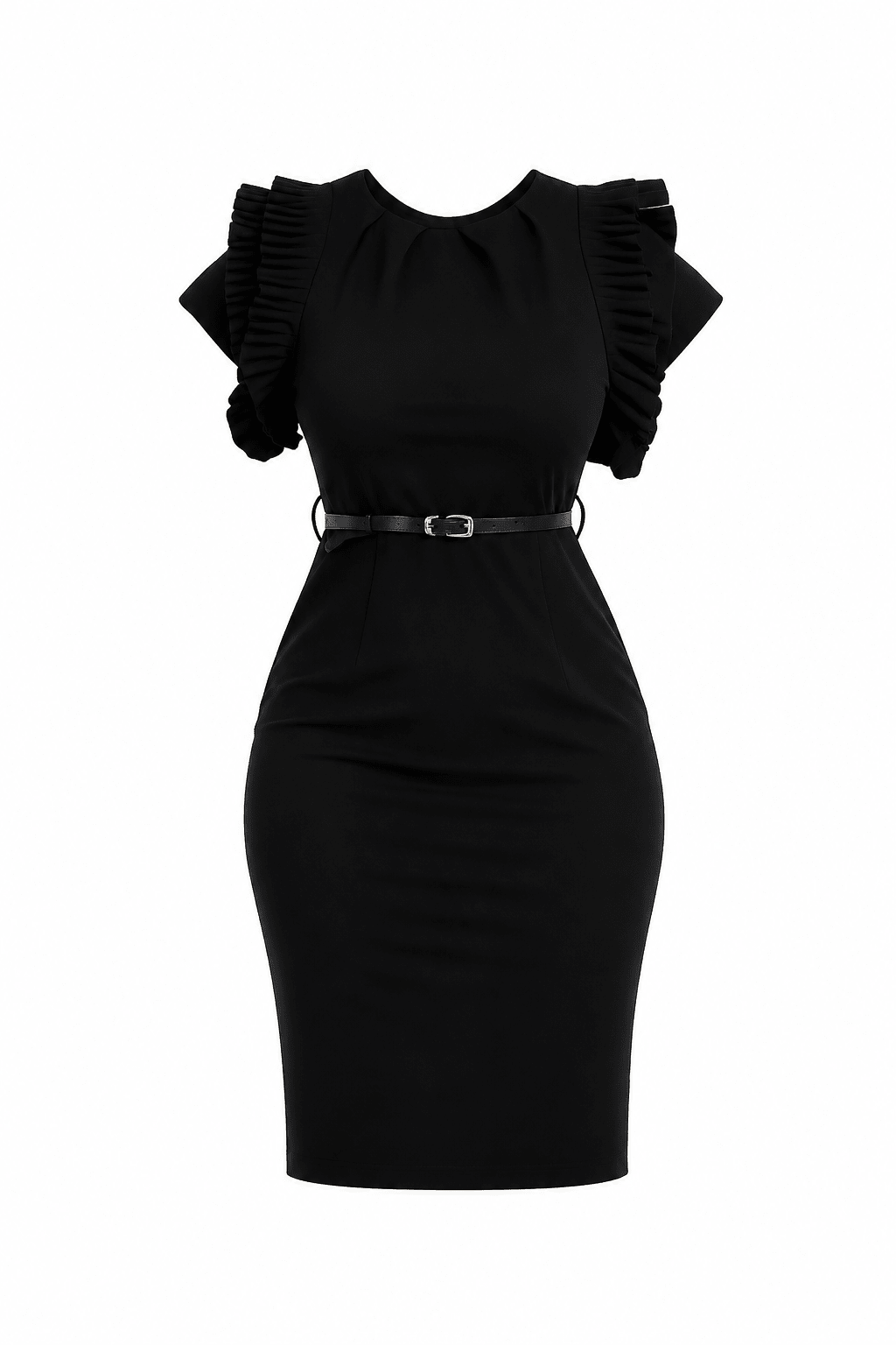 Women's Elegant Ruffle Sleeve Sheath Dress with Belt – Short Sleeve Office Bodycon Midi Dress - Mini Dress - Cherubim Aura