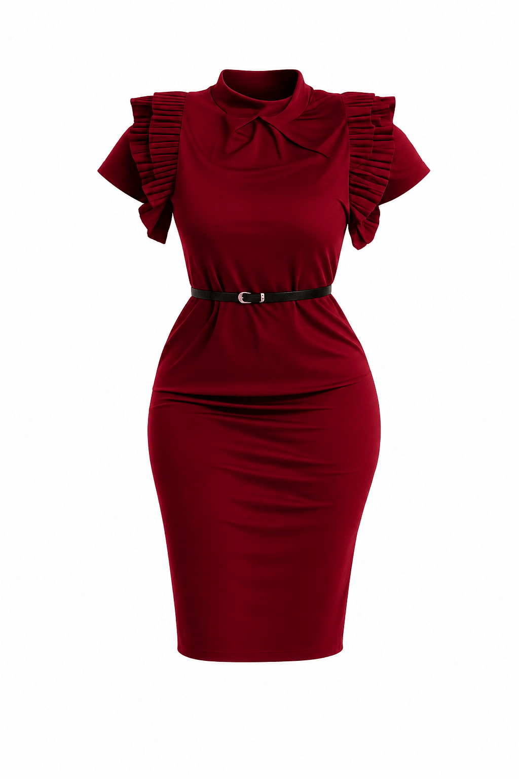 Women's Elegant Ruffle Sleeve Sheath Dress with Belt – Short Sleeve Office Bodycon Midi Dress - Mini Dress - Cherubim Aura