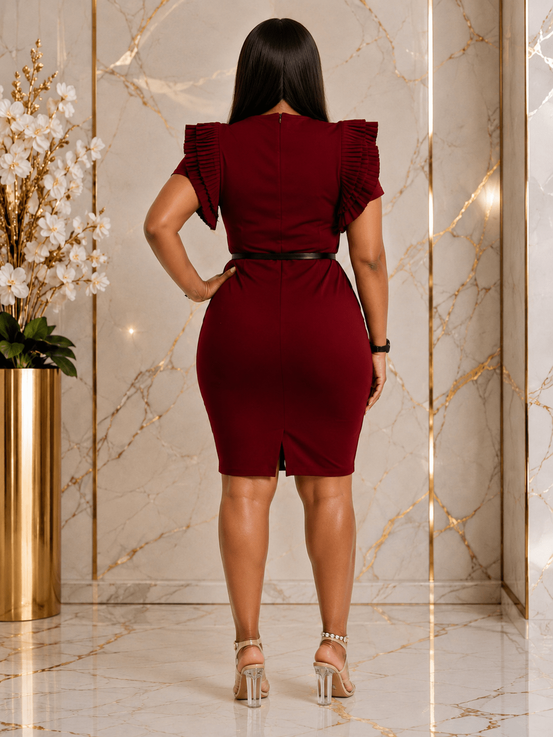 Women's Elegant Ruffle Sleeve Sheath Dress with Belt – Short Sleeve Office Bodycon Midi Dress - Mini Dress - Cherubim Aura