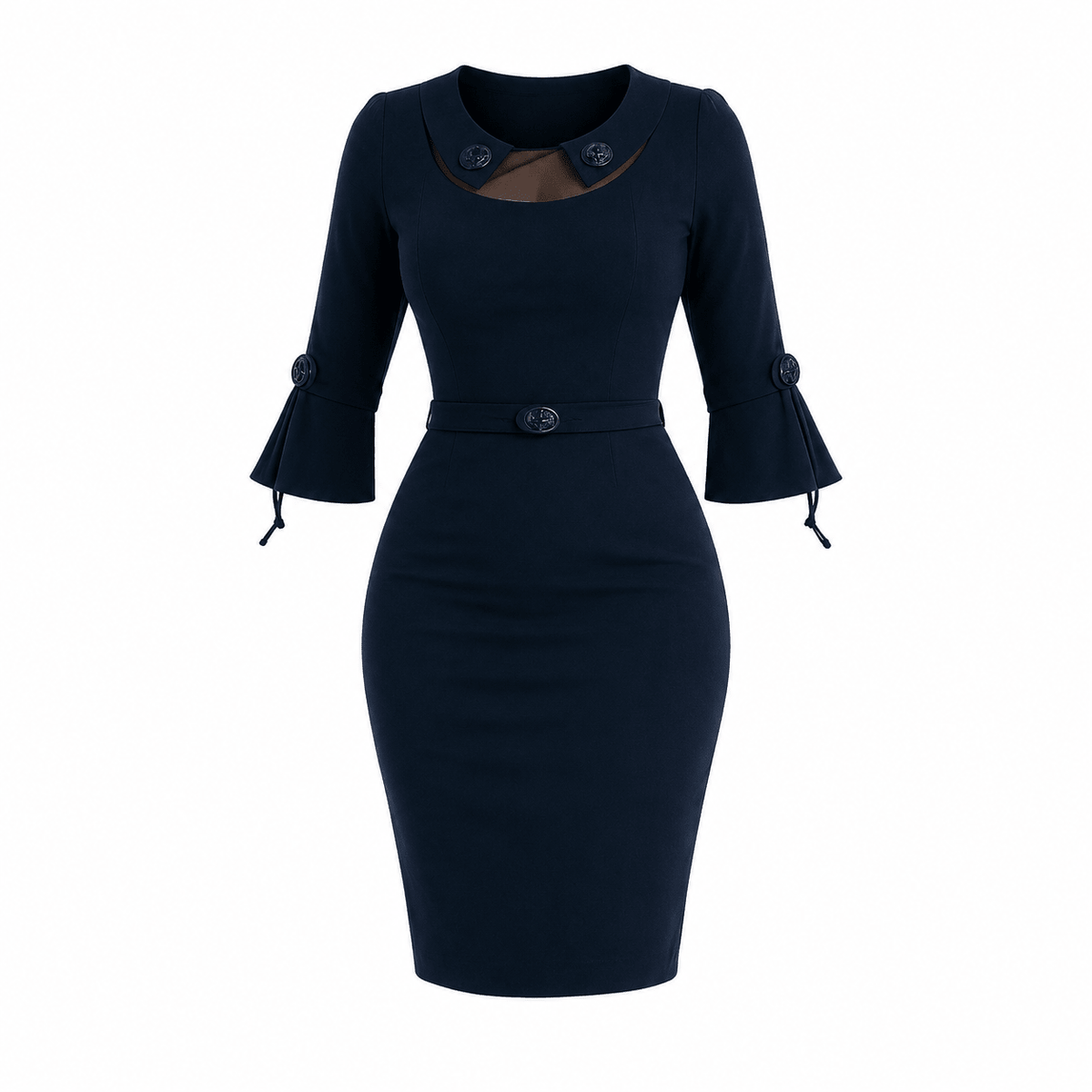 Women's Elegant Sheath Midi Dress with Cutout Neckline & Open Back Detail - Midi Dresses - Cherubim Aura
