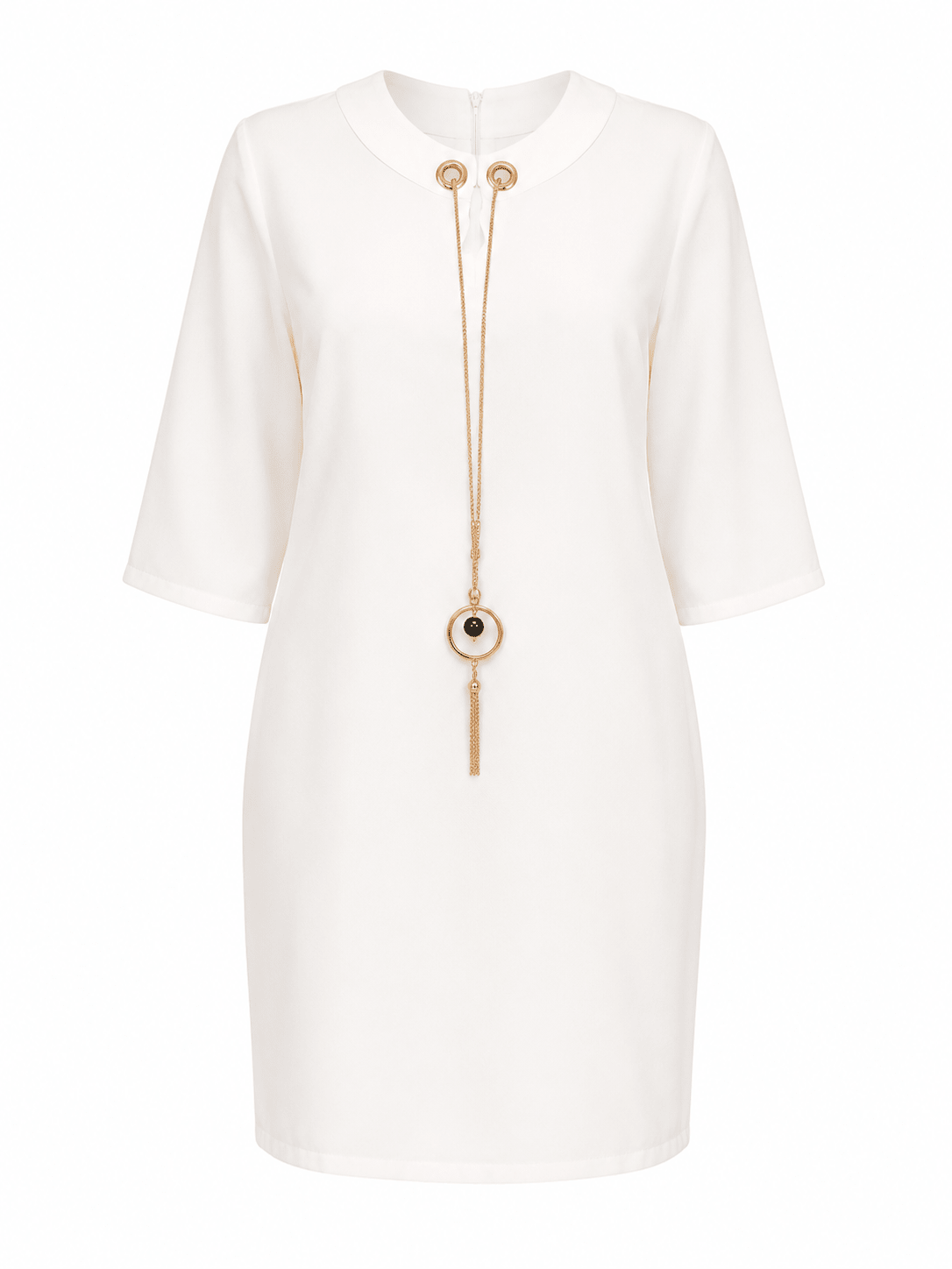Women's Elegant Shift Mini Dress with Statement Necklace – 3/4 Sleeve Casual & Office Dress (White / Red) - Mini Dress - Cherubim Aura