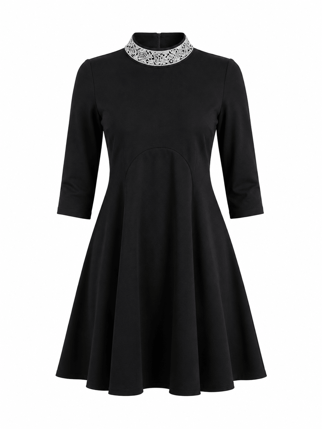 Women's Embellished High Neck A-Line Mini Dress – Elegant 3/4 Sleeve Skater Dress (Red & Black) - Mini Dress - Cherubim Aura