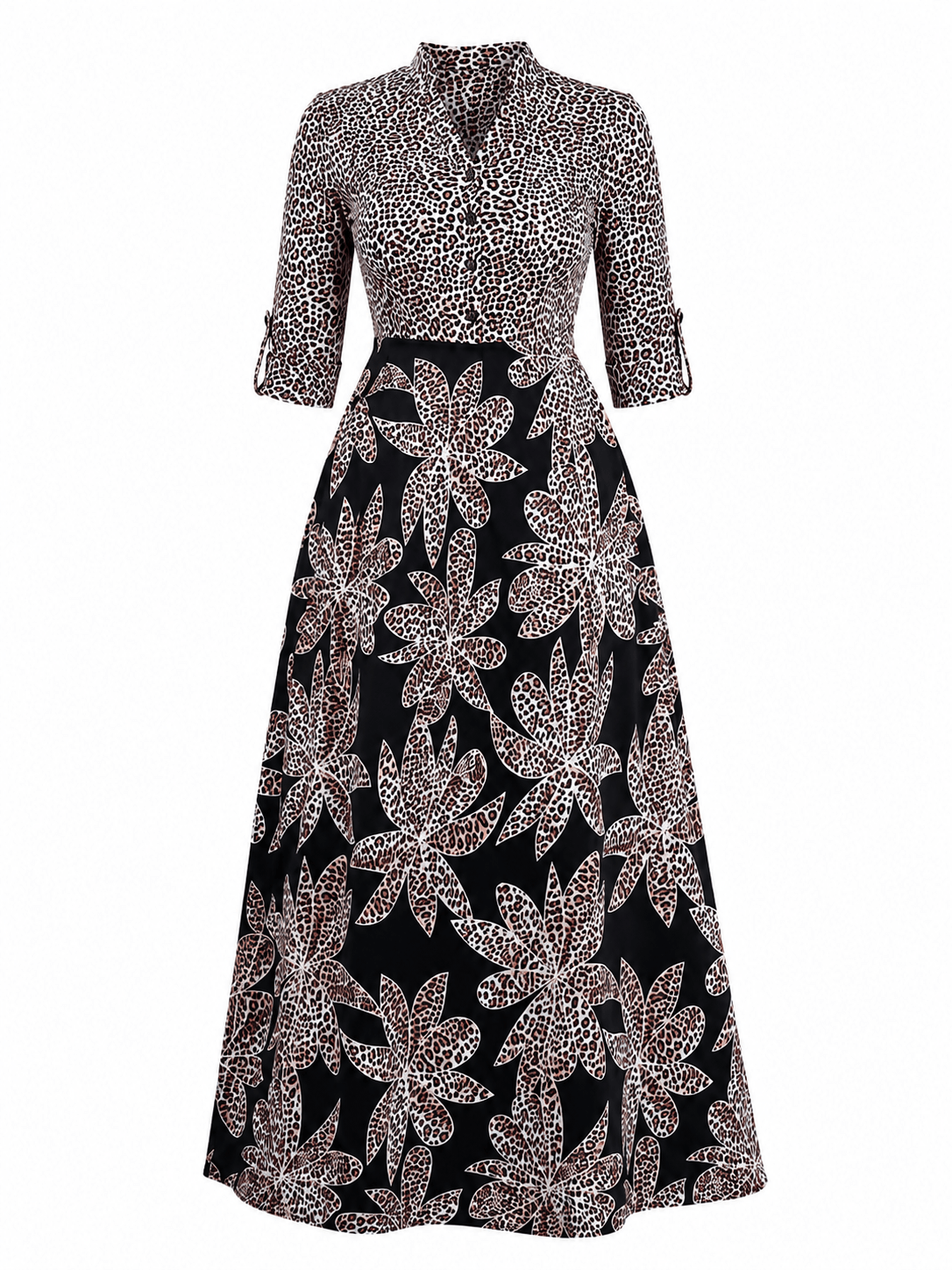 Women's Floral Leopard Print Maxi Dress – Button V-Neck Three-Quarter Roll Tab Sleeve A-Line Maxi Dress - Maxi Dress - Cherubim Aura