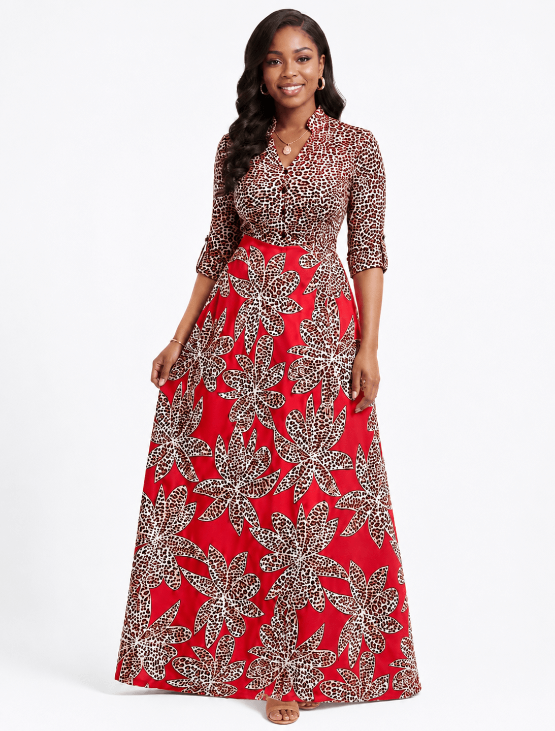Women's Floral Leopard Print Maxi Dress – Button V-Neck Three-Quarter Roll Tab Sleeve A-Line Maxi Dress - Maxi Dress - Cherubim Aura
