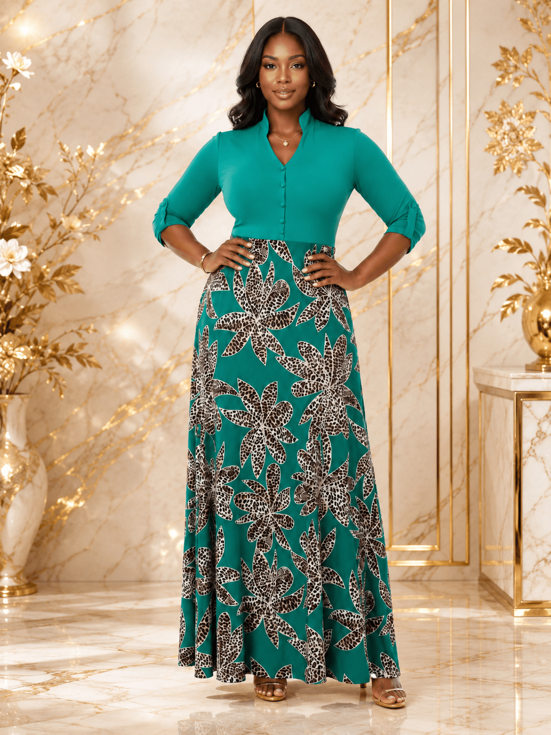 Women's Floral Leopard Print Maxi Dress – Button V-Neck Three-Quarter Roll Tab Sleeve A-Line Maxi Dress - Maxi Dress - Cherubim Aura