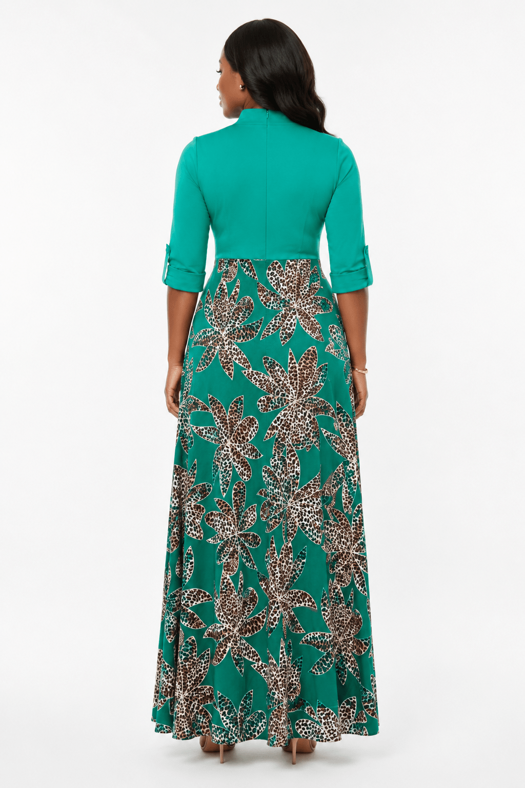 Women's Floral Leopard Print Maxi Dress – Button V-Neck Three-Quarter Roll Tab Sleeve A-Line Maxi Dress - Maxi Dress - Cherubim Aura