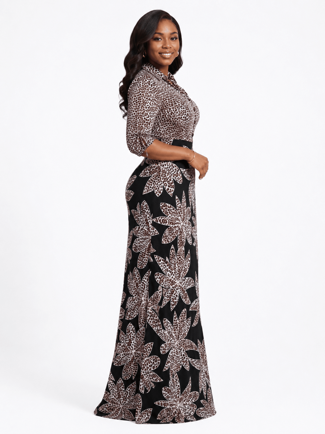 Women's Floral Leopard Print Maxi Dress – Button V-Neck Three-Quarter Roll Tab Sleeve A-Line Maxi Dress - Maxi Dress - Cherubim Aura