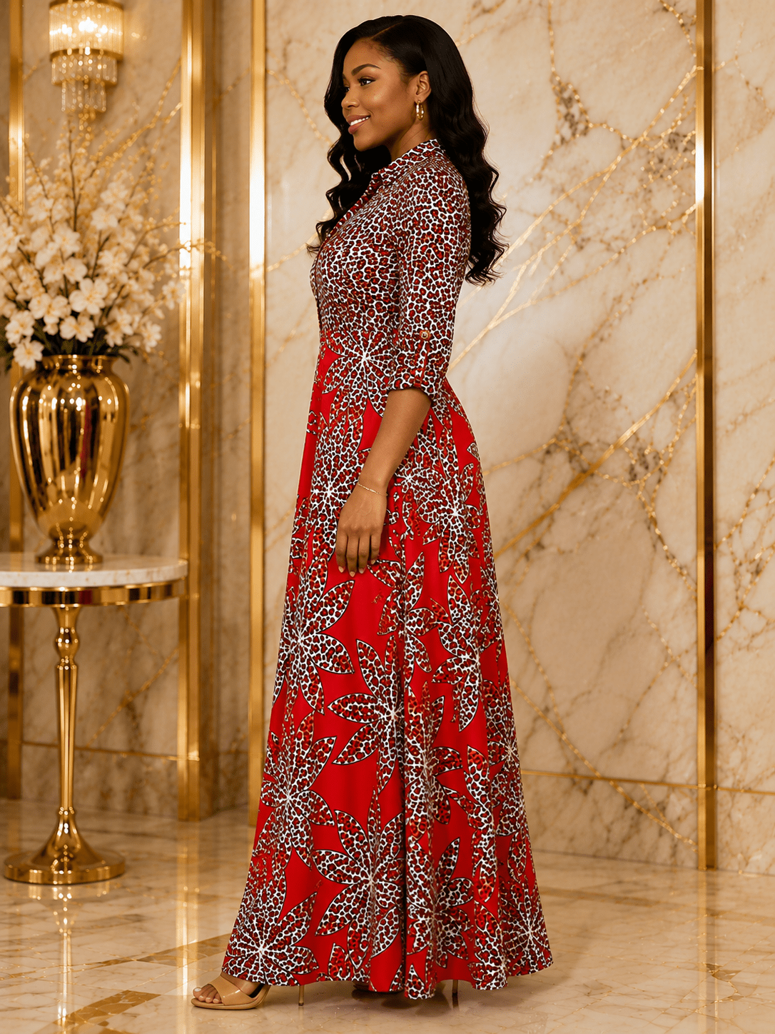 Women's Floral Leopard Print Maxi Dress – Button V-Neck Three-Quarter Roll Tab Sleeve A-Line Maxi Dress - Maxi Dress - Cherubim Aura