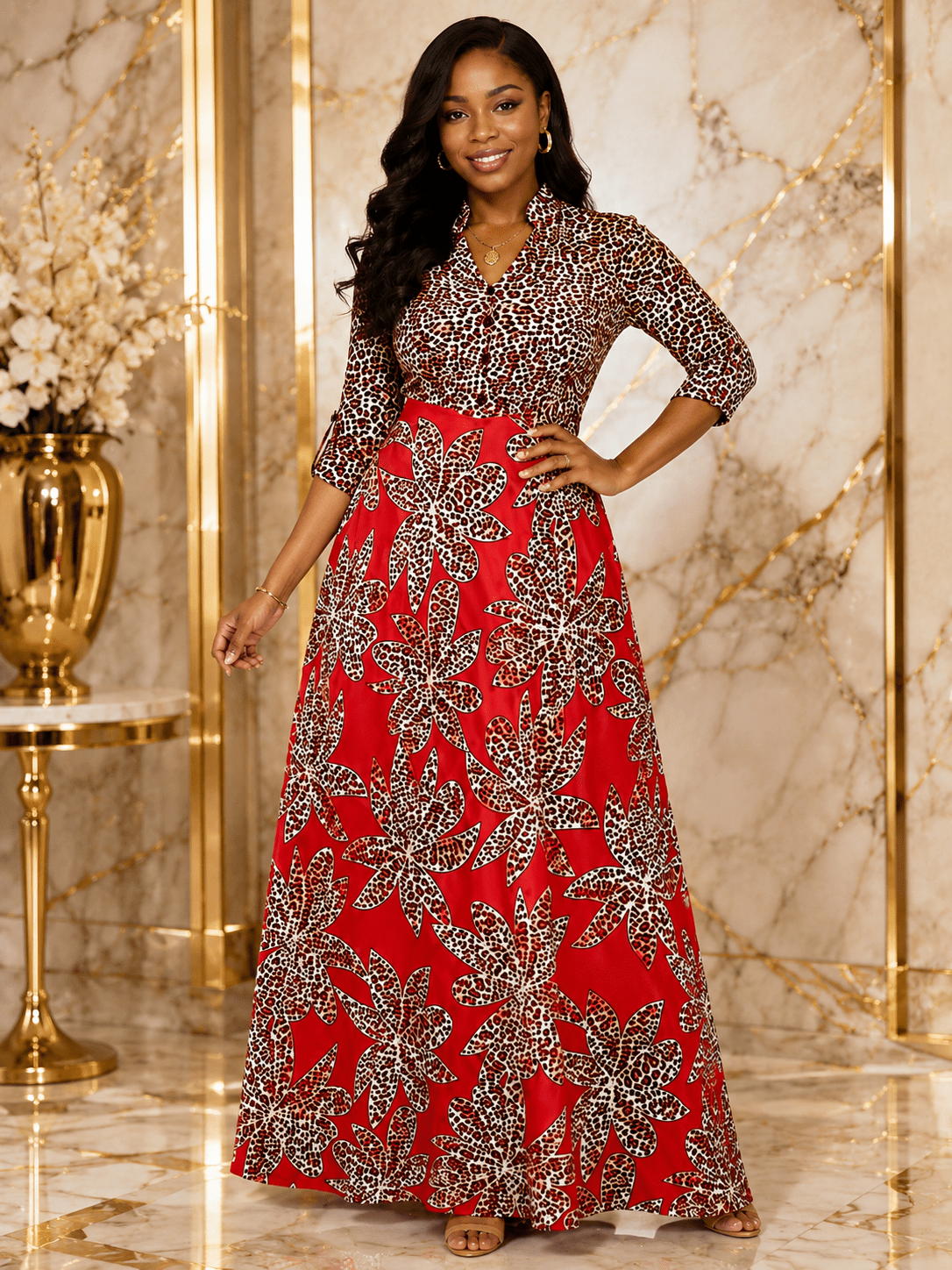 Women's Floral Leopard Print Maxi Dress – Button V-Neck Three-Quarter Roll Tab Sleeve A-Line Maxi Dress - Maxi Dress - Cherubim Aura