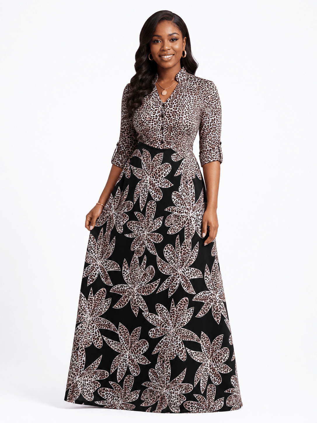 Women's Floral Leopard Print Maxi Dress – Button V-Neck Three-Quarter Roll Tab Sleeve A-Line Maxi Dress - Maxi Dress - Cherubim Aura