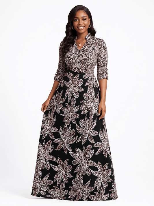 Women's Floral Leopard Print Maxi Dress – Button V-Neck Three-Quarter Roll Tab Sleeve A-Line Maxi Dress - Maxi Dress - Cherubim Aura