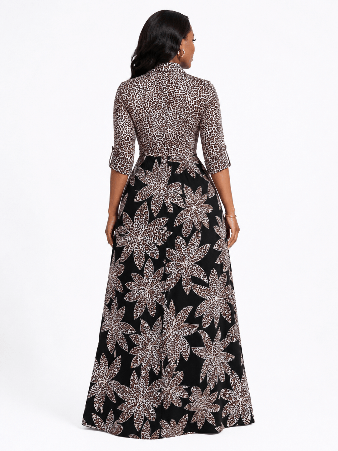 Women's Floral Leopard Print Maxi Dress – Button V-Neck Three-Quarter Roll Tab Sleeve A-Line Maxi Dress - Maxi Dress - Cherubim Aura