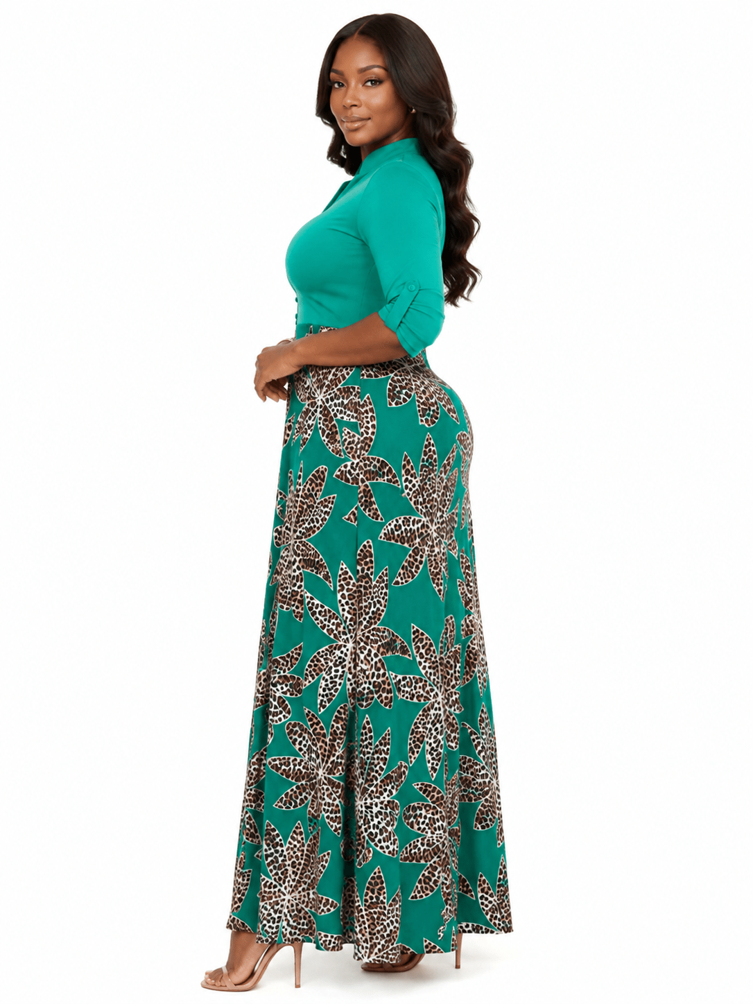Women's Floral Leopard Print Maxi Dress – Button V-Neck Three-Quarter Roll Tab Sleeve A-Line Maxi Dress - Maxi Dress - Cherubim Aura