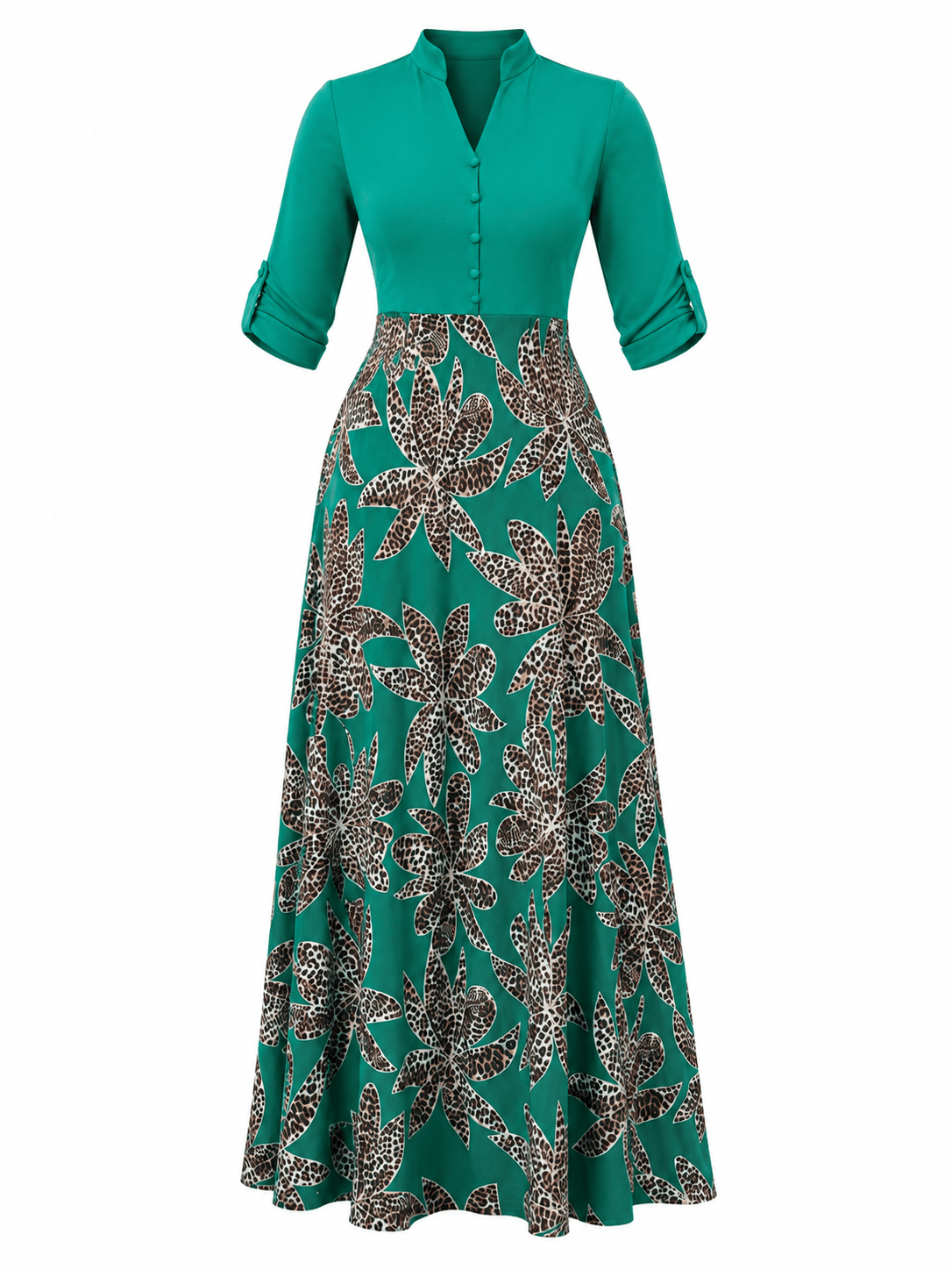 Women's Floral Leopard Print Maxi Dress – Button V-Neck Three-Quarter Roll Tab Sleeve A-Line Maxi Dress - Maxi Dress - Cherubim Aura