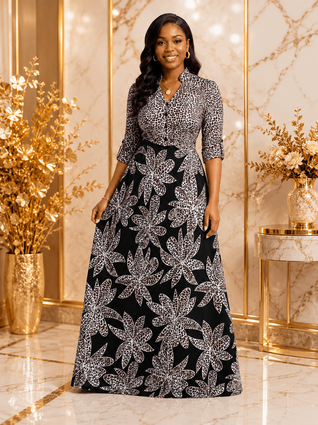 Women's Floral Leopard Print Maxi Dress – Button V-Neck Three-Quarter Roll Tab Sleeve A-Line Maxi Dress - Maxi Dress - Cherubim Aura
