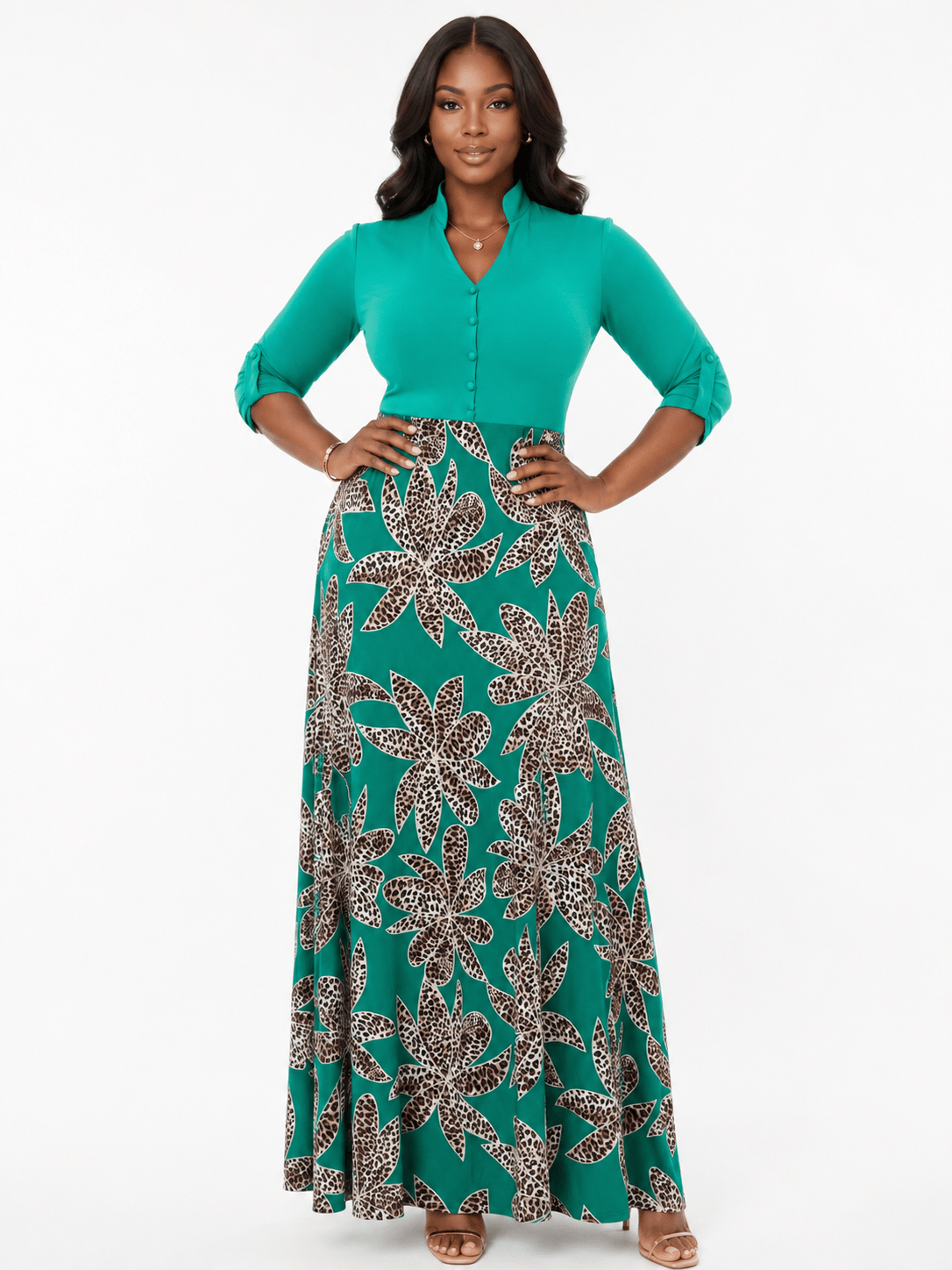 Women's Floral Leopard Print Maxi Dress – Button V-Neck Three-Quarter Roll Tab Sleeve A-Line Maxi Dress - Maxi Dress - Cherubim Aura