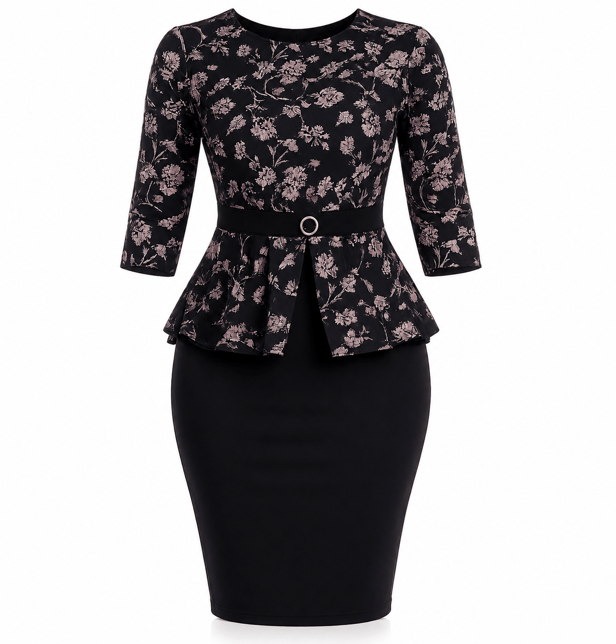 Women's Floral Peplum Pencil Mini Dress | Elegant 3/4 Sleeve Belted Office & Occasion Dress (3 Colour Variations) - Mini Dress - Cherubim Aura