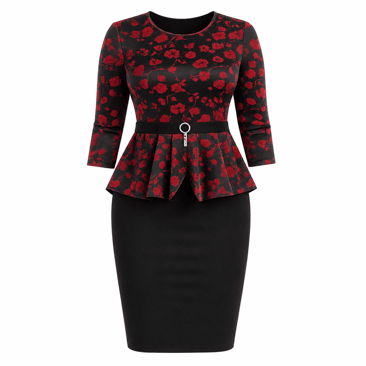 Women's Floral Peplum Pencil Mini Dress | Elegant 3/4 Sleeve Belted Office & Occasion Dress (3 Colour Variations) - Mini Dress - Cherubim Aura